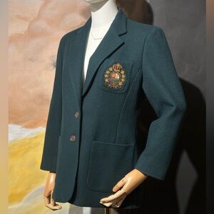 Vintage 90s Ralph Lauren Forest Hunter Green Bullion Crest Wool Blazer Sz 6P